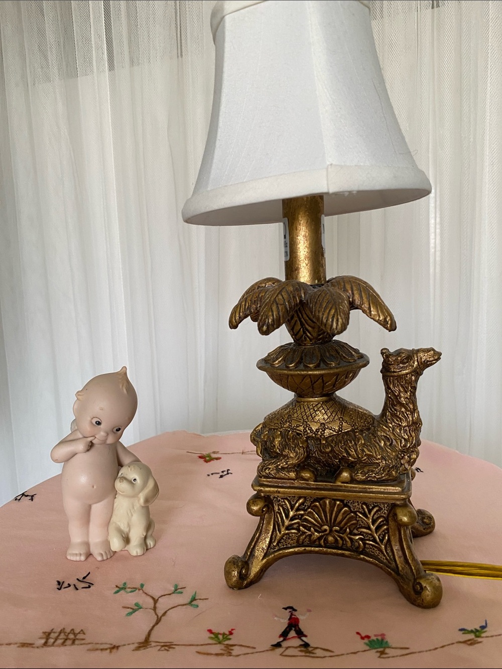 MCM Vintage Bronze Metal Camel Accent Table Lamp - White Shade